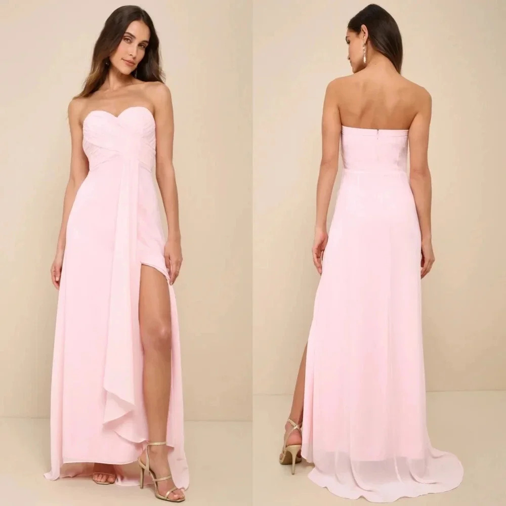 Lulu's Splendid Aura Light Pink Chiffon Pleated Strapless Maxi Dress XL Party